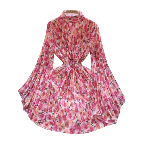 Load image into Gallery viewer, French Women Elegant Floral Print Half High Collar Slim Midi Dress 2023 Autumn Flared Long Sleeve Fashion Vacation Pleated Dress

