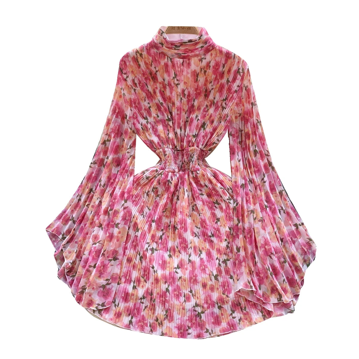 French Women Elegant Floral Print Half High Collar Slim Midi Dress 2023 Autumn Flared Long Sleeve Fashion Vacation Pleated Dress