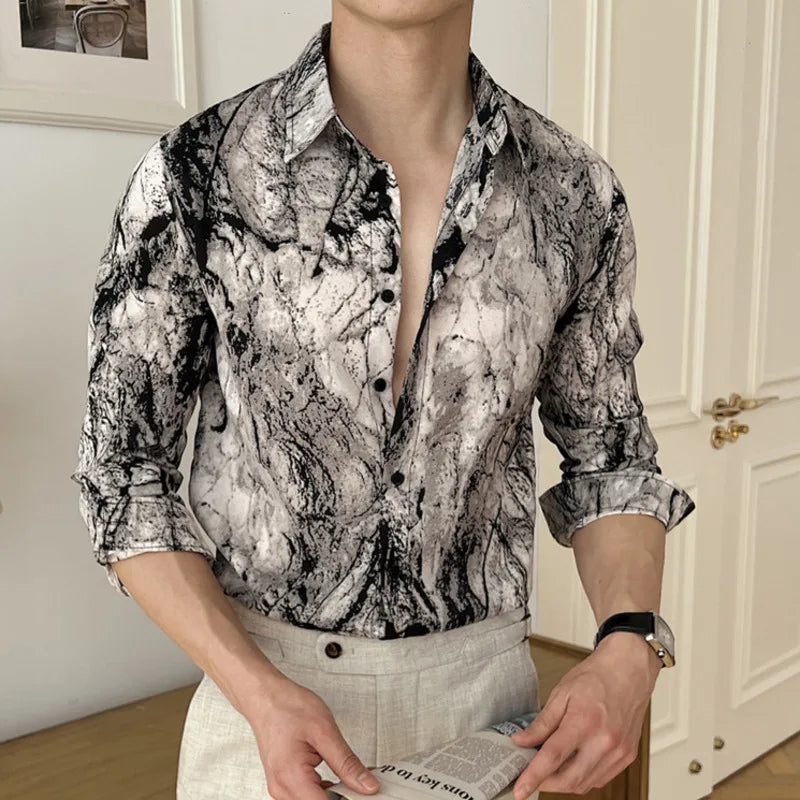 Men's Long Sleeve Shirts New Spring Casual Printing Design Korean Losse Single Breasted Stylish Turn-down Collar Top 9W1577