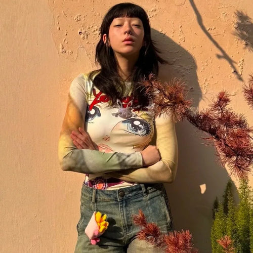 Load image into Gallery viewer, Japanese Grunge Fairy Cartoon Print Harajuku Tops T-shirt Women Streetwear Kawaii Cropped TshirtsY2k Aesthetic Vintage Cute Tees
