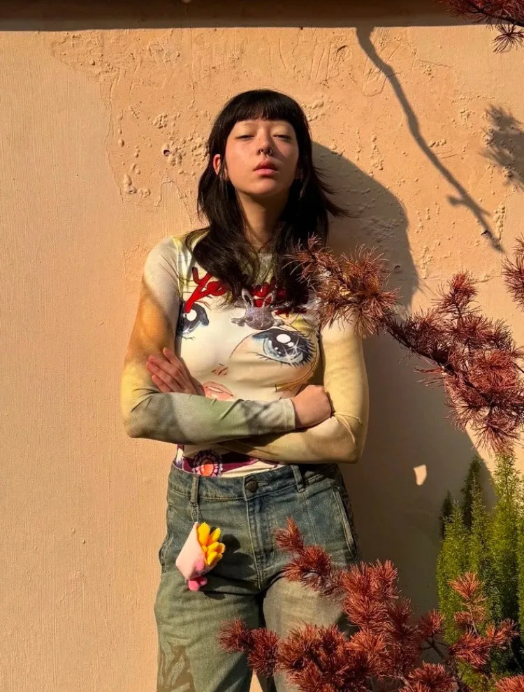 Japanese Grunge Fairy Cartoon Print Harajuku Tops T-shirt Women Streetwear Kawaii Cropped TshirtsY2k Aesthetic Vintage Cute Tees