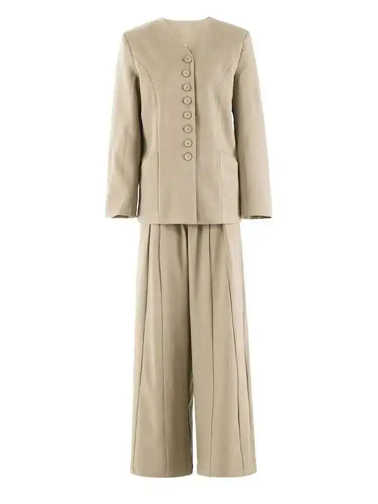 Big Size Blazer Pleated Wide Leg Pants Two Piece Suit New V-Neck Long Sleeve Women Fashion Tide Spring Autumn 2025 CPDB248