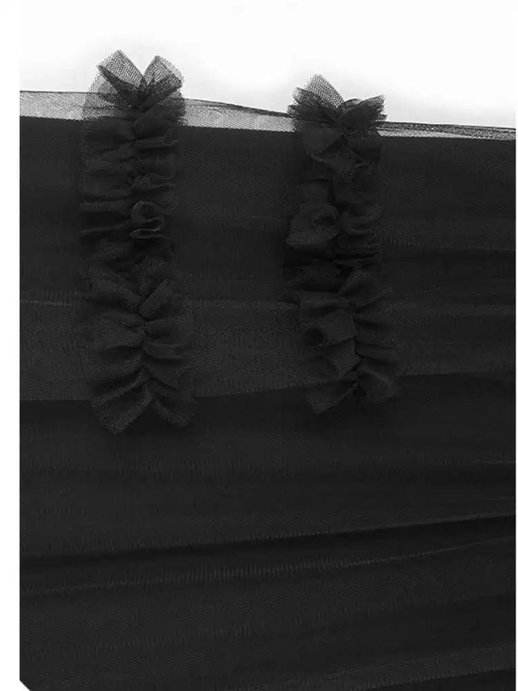 Women Black Mesh Ruffles Spliced Big Size Midi Dress New Round Neck Long Sleeve Fashion Tide Spring Autumn 2025 1DH7180