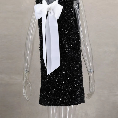 Load image into Gallery viewer, Sequins Backless Bow Sexy Mini Dress For Women Robe 2025 New Sleeveless A-line Sparkle Club Dress Elegant Vestido
