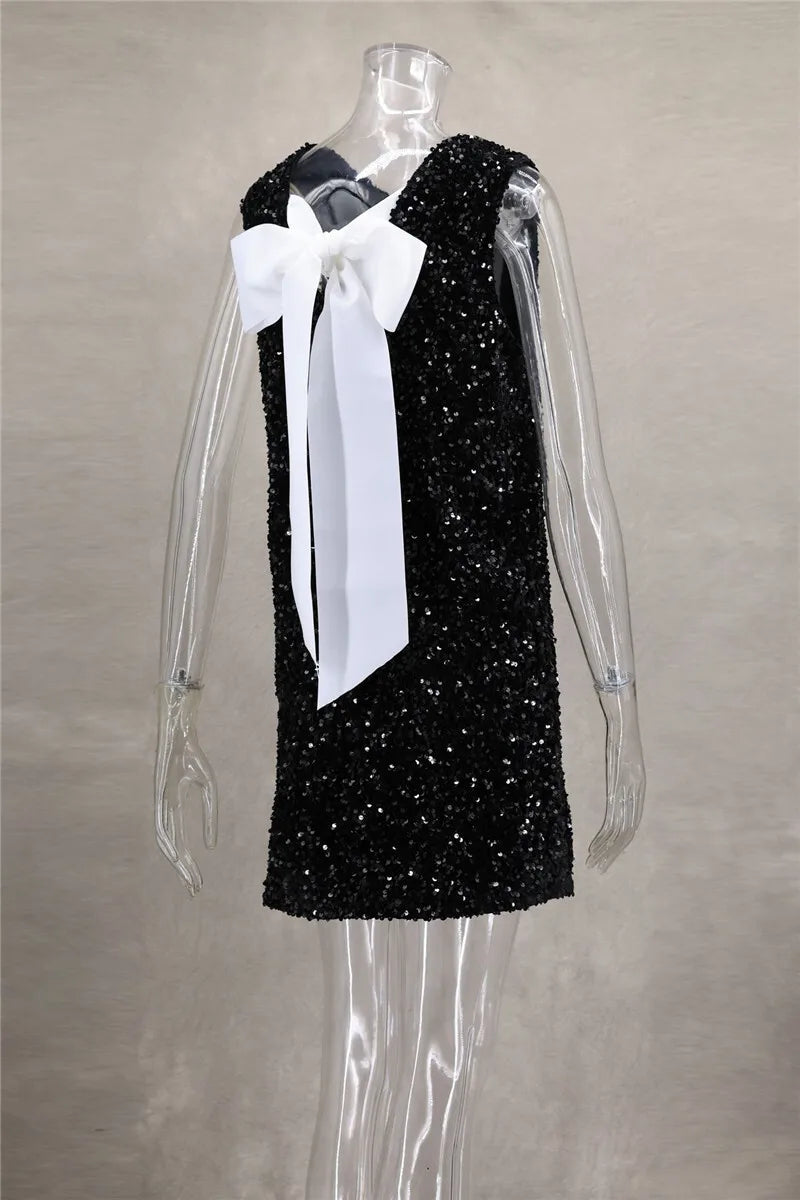Sequins Backless Bow Sexy Mini Dress For Women Robe 2025 New Sleeveless A-line Sparkle Club Dress Elegant Vestido