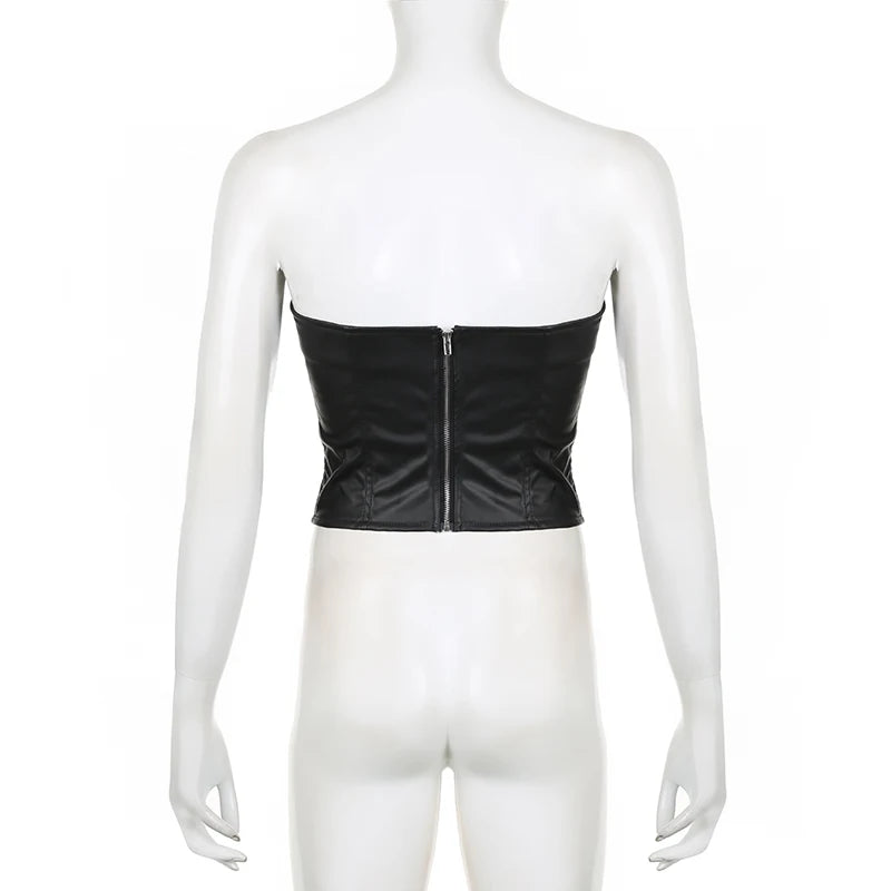 Streetwear Punk Gothic PU Leather Top Sexy Corset Bandage Split Fashion Clubwear Party Tube Top Strapless Grunge Hot