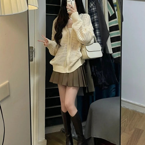 Load image into Gallery viewer, 2025 Summer Y2k Aesthetic Women Cardigan Hollow Out Hooded Loose Knitted  Harajuku Casual Grunge Long Sleeve Zipper Tops
