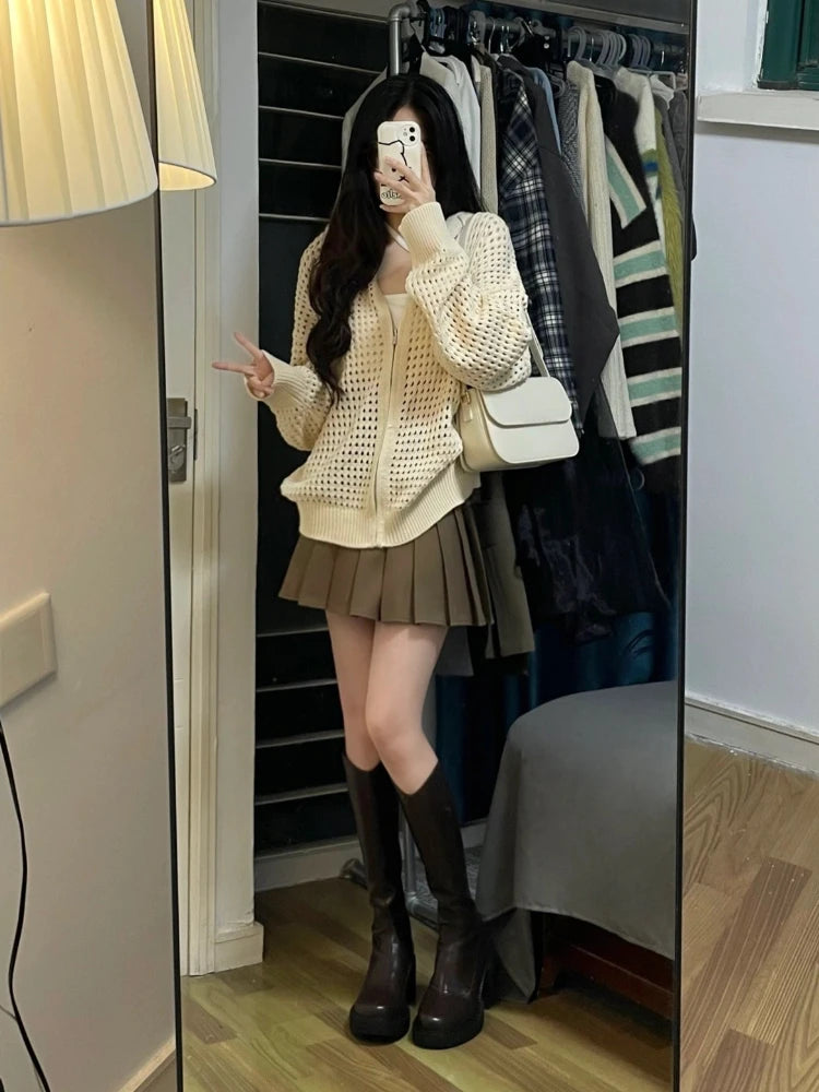 2025 Summer Y2k Aesthetic Women Cardigan Hollow Out Hooded Loose Knitted  Harajuku Casual Grunge Long Sleeve Zipper Tops