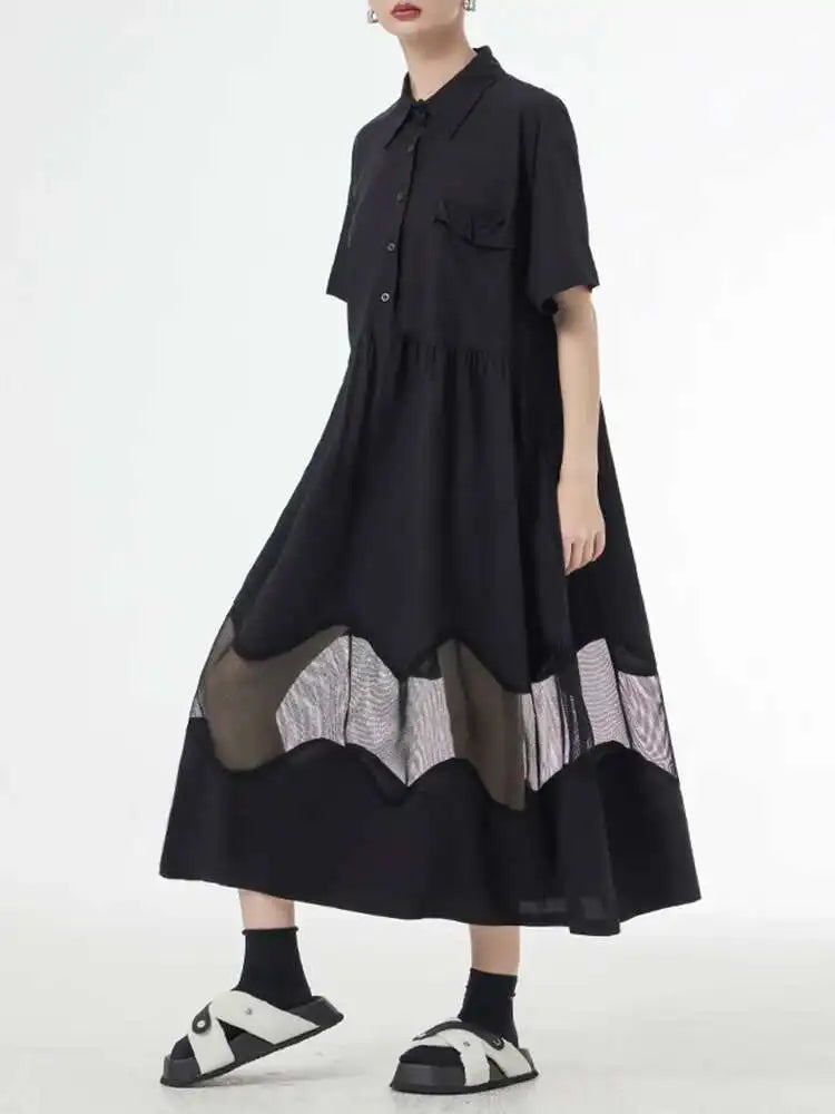 Women Blue Perspective Big Size Shirt Dress New Lapel Short Sleeve Loose Fit Fashion Tide Spring Summer 2025 1DF8791