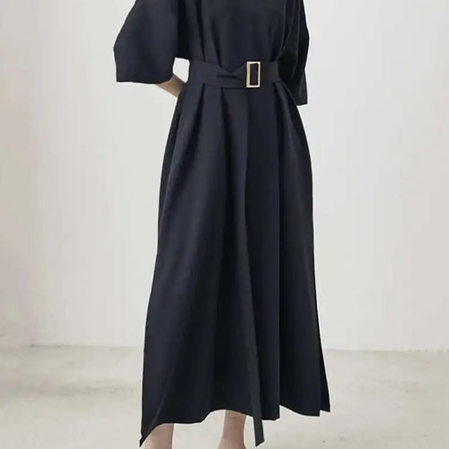 Load image into Gallery viewer, Women Black Brief Belted Elegant Big Size Dress New V-Neck Three-quarter Sleeve Fashion Tide Spring Autumn 2025 1DH6206
