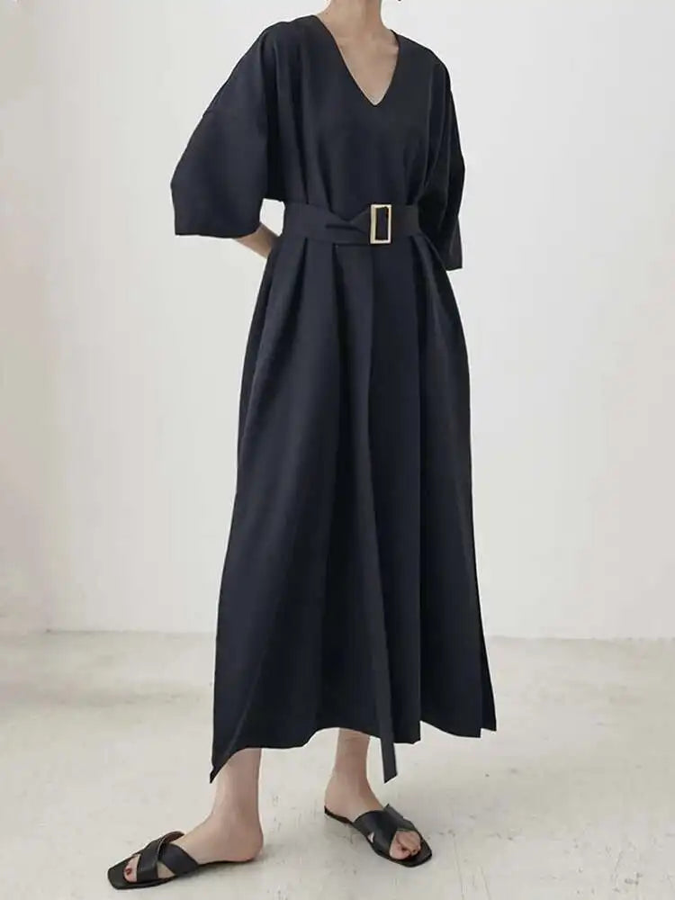 Women Black Brief Belted Elegant Big Size Dress New V-Neck Three-quarter Sleeve Fashion Tide Spring Autumn 2025 1DH6206