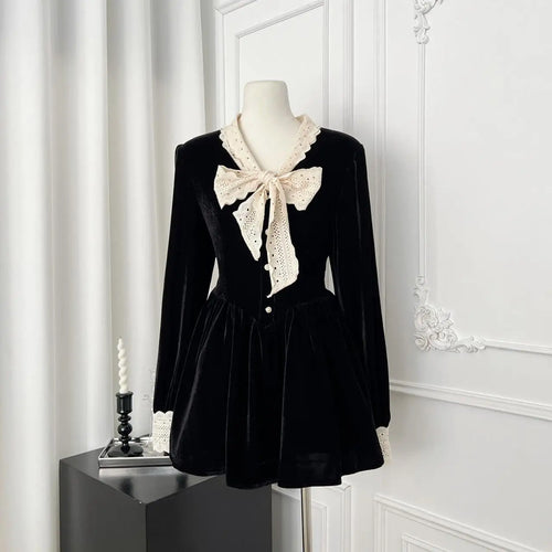 Load image into Gallery viewer, French Retro Women Beige Velvet Patchwork Lace Bow Button Mini Dress Autumn Winter Long Sleeved High Waist Pleated Short Dresses
