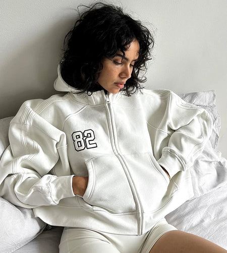 Casual Loose Hooded Autumn Jacket for Female Digital Embroidery Sporty Hoodies Coat Zip-Up Pockets Korean Basic White