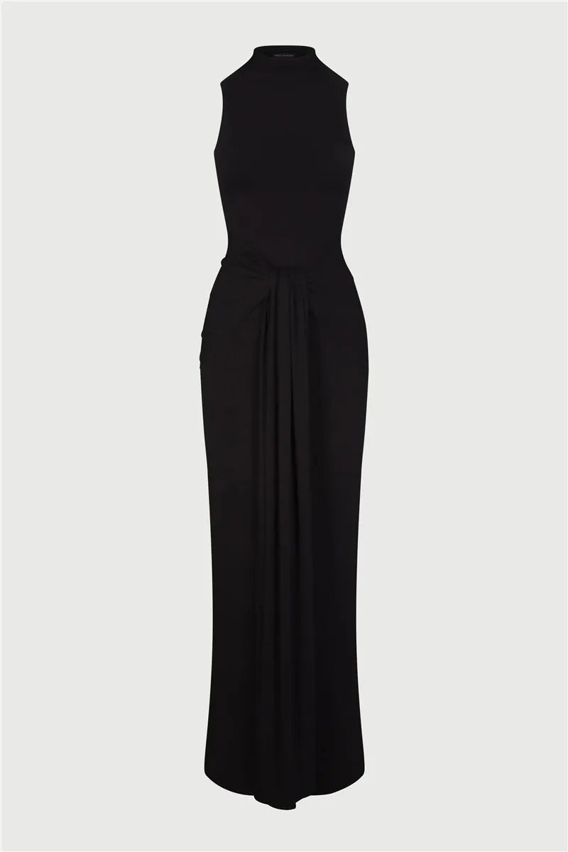 Half High Collar Irregular Tank Dress For Women 2024 New Fashion Sleeveless Bodycon Ruched Sexy Long Dress Elegant