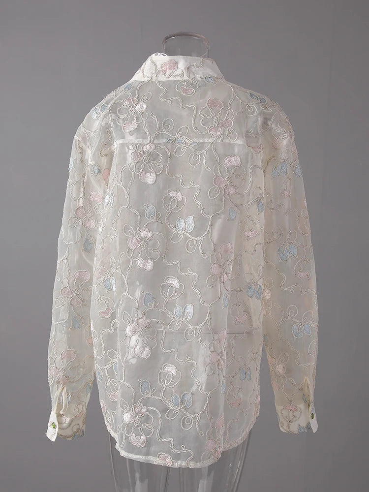 Women Apricot Embroidery Thin Big Size Blouse New Stand Collar Long Sleeve Shirt Fashion Tide Spring Summer 2025 CPG3123