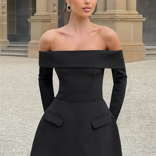 Load image into Gallery viewer, Off-shoulder Long Sleeve Sexy Mini Dress For Women Two Pocket Strapless Backless A-line Club Party Sexy Dress Elegant
