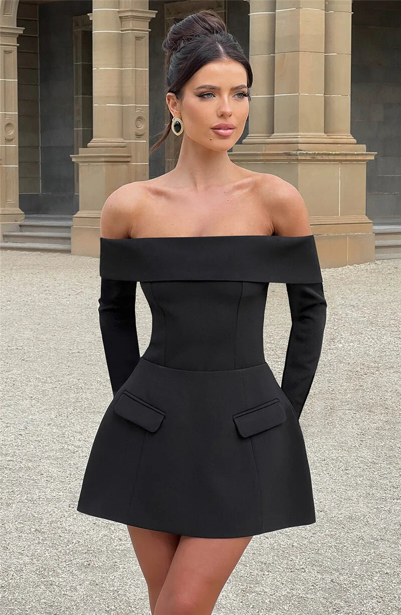 Off-shoulder Long Sleeve Sexy Mini Dress For Women Two Pocket Strapless Backless A-line Club Party Sexy Dress Elegant