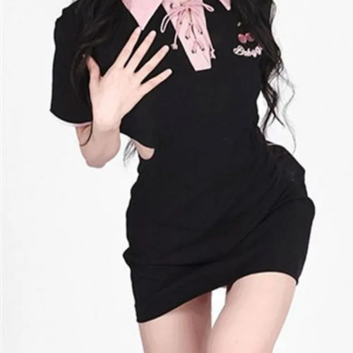 Load image into Gallery viewer, Y2k Letter Embroidery Bodycon Dress Women Hollow Out Bandgae Kawaii Black Short Sleeve Mini Dresses Korean Fashion
