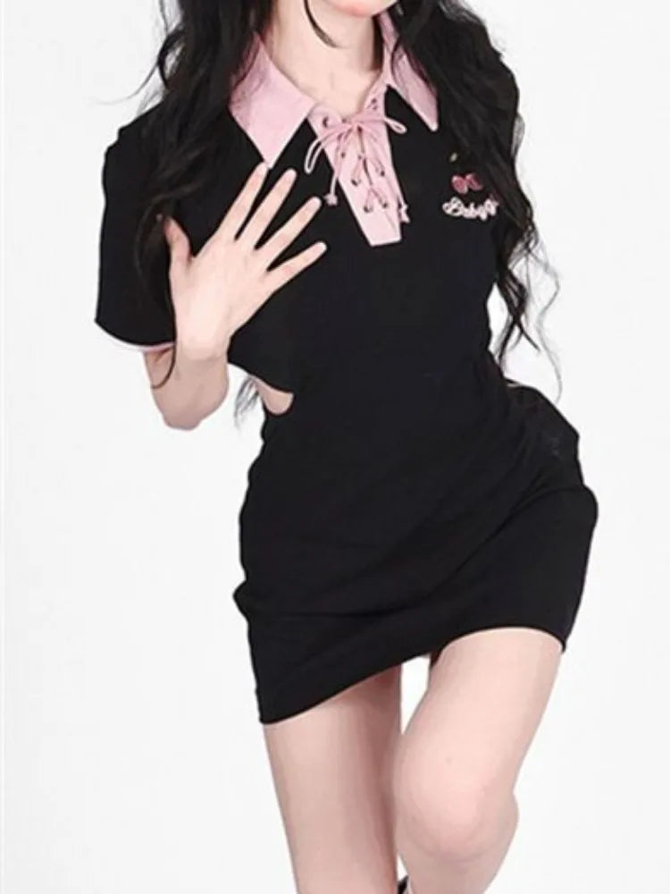 Y2k Letter Embroidery Bodycon Dress Women Hollow Out Bandgae Kawaii Black Short Sleeve Mini Dresses Korean Fashion