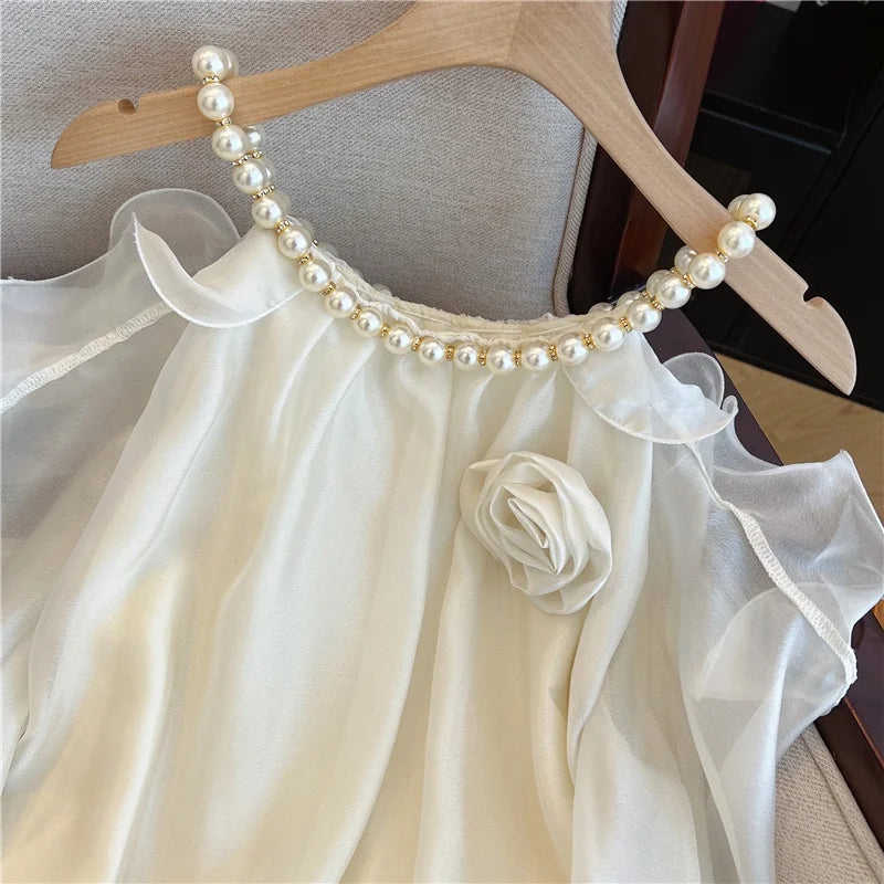 Spring Women White Flower Decorate Versatile Long Sleeve Pearls O Neck Blouse Simple Beige Off Shoulder Ruffles Shirt Clothes
