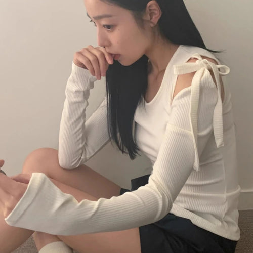 Load image into Gallery viewer, Spring Off-the-shoulder Bandage Tee Shirts Women Y2k Aesthetic Bodycon Solid Simple T-shirt Grunge Sexy Fairy Screw Thread Tops
