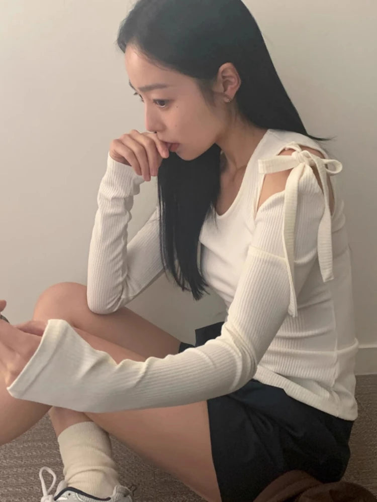 Spring Off-the-shoulder Bandage Tee Shirts Women Y2k Aesthetic Bodycon Solid Simple T-shirt Grunge Sexy Fairy Screw Thread Tops