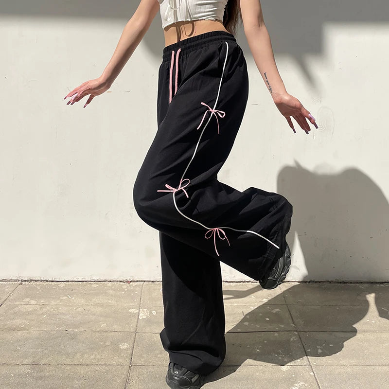 Streetwear Stripe Loose Women Pants Sweet Coquette Clothes Straight Leg Bow Sporty Trousers Cutecore Joggers Outfits