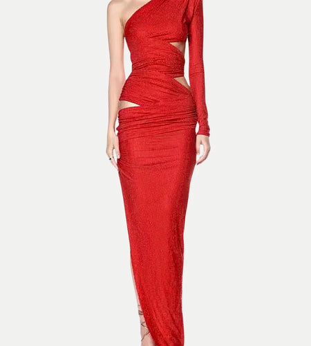 Solid Hollow Out Slimming Dresses For Women Diagonal Collar Long Sleeve High Waist Temperament Dress Female Fashion