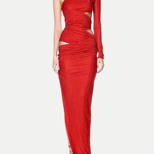 Load image into Gallery viewer, Solid Hollow Out Slimming Dresses For Women Diagonal Collar Long Sleeve High Waist Temperament Dress Female Fashion
