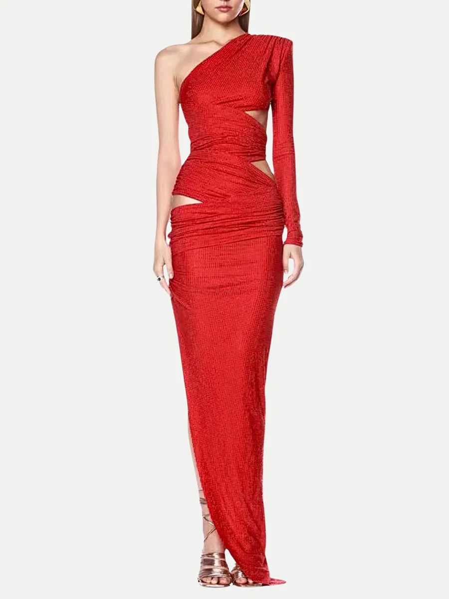 Solid Hollow Out Slimming Dresses For Women Diagonal Collar Long Sleeve High Waist Temperament Dress Female Fashion
