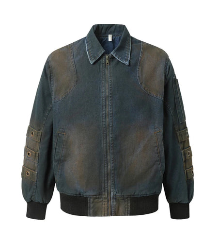 High Street Men Denim Padded Jackets Washing Trendy Worn-out Jacket Turn-down Collar Zipper Contrast Color Male Tops 9W1828