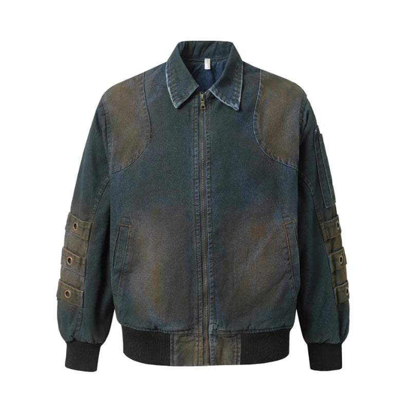 High Street Men Denim Padded Jackets Washing Trendy Worn-out Jacket Turn-down Collar Zipper Contrast Color Male Tops 9W1828