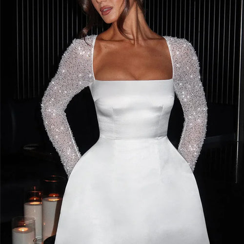 Load image into Gallery viewer, Glitter Long Sleeve Backless Sexy Mini Dress For Women Robe Square Collar Lace-up High Waist A-line Club Dress Elegant
