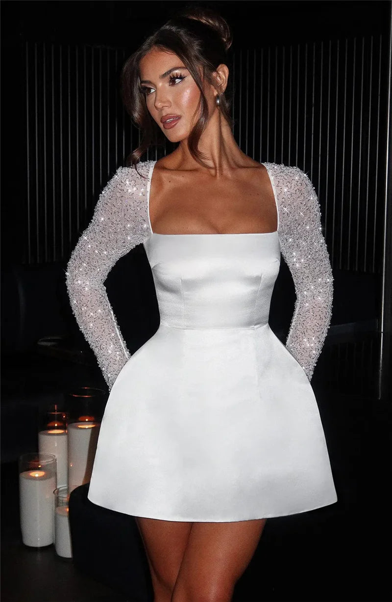 Glitter Long Sleeve Backless Sexy Mini Dress For Women Robe Square Collar Lace-up High Waist A-line Club Dress Elegant