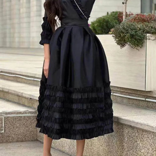 Load image into Gallery viewer, Patchwork Edible Tree Fungus Elegant Dresses For Women V Neck Half Sleeve High Waist Spliced Lace Up Solid Dress Female New
