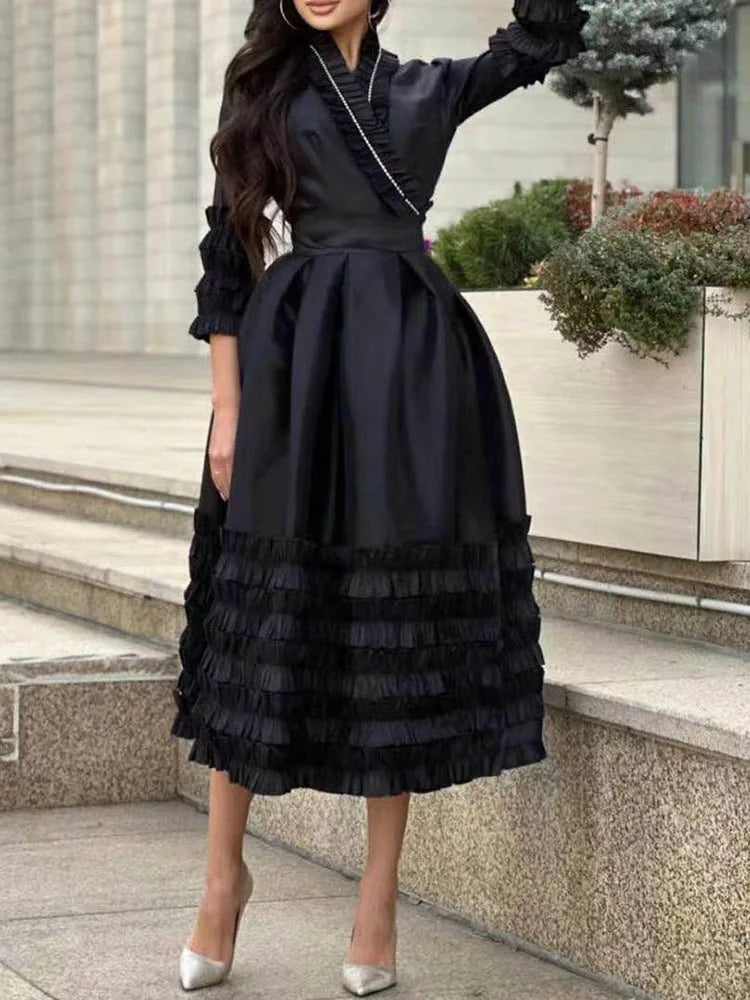 Patchwork Edible Tree Fungus Elegant Dresses For Women V Neck Half Sleeve High Waist Spliced Lace Up Solid Dress Female New