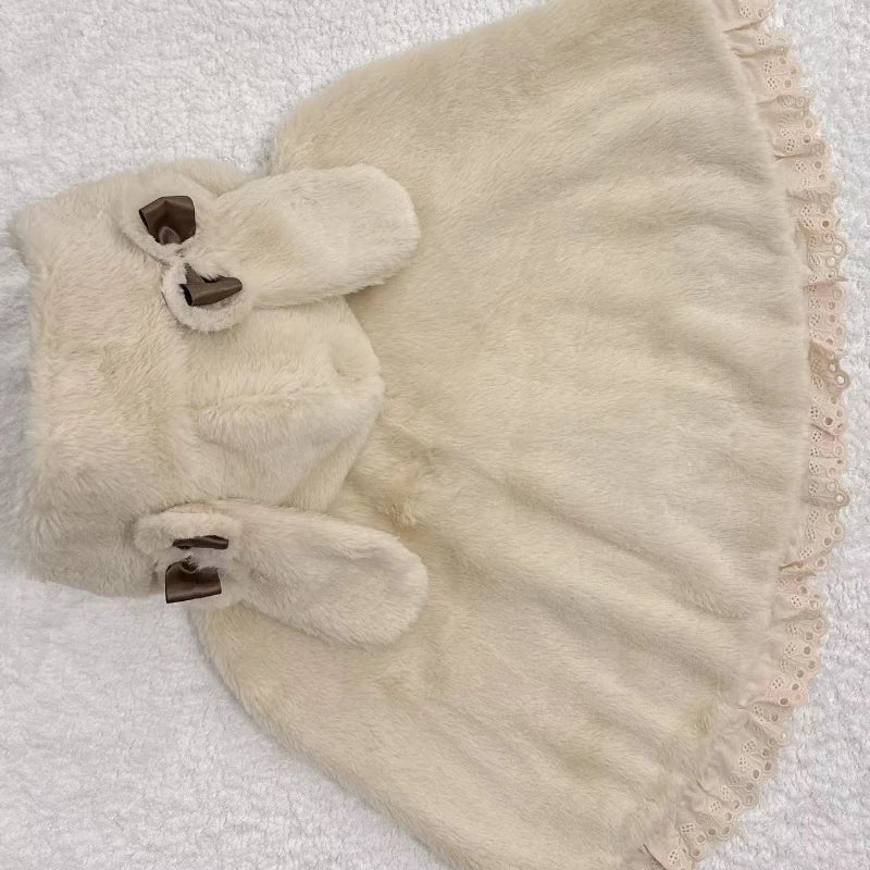 Lolita Kawaii Loose Sweet Hooded Cloak Coats Japanese Grunge Fluffy Bow Jackets Y2k Aesthetic Grunge Lace Patchwork Women Tops