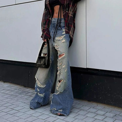 Load image into Gallery viewer, Streetwear Grunge Straight Leg Ripped Jeans Women Hole Distressed Harajuku Baggy Pants Full Length Denim Trousers New
