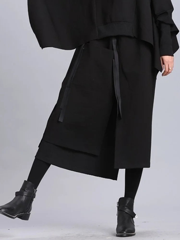 High Elastic Waist Black Irregular Ribbon Long Casual Half-body Skirt Women Fashion Tide New Spring Autumn 2025 JL233