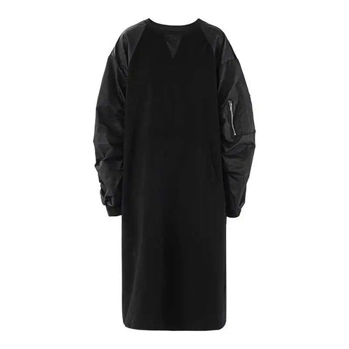 Load image into Gallery viewer, Women Army Green Color-block Big Size Midi Dress New Round Neck Long Sleeve Fashion Tide Spring Autumn 2025 CPG2092
