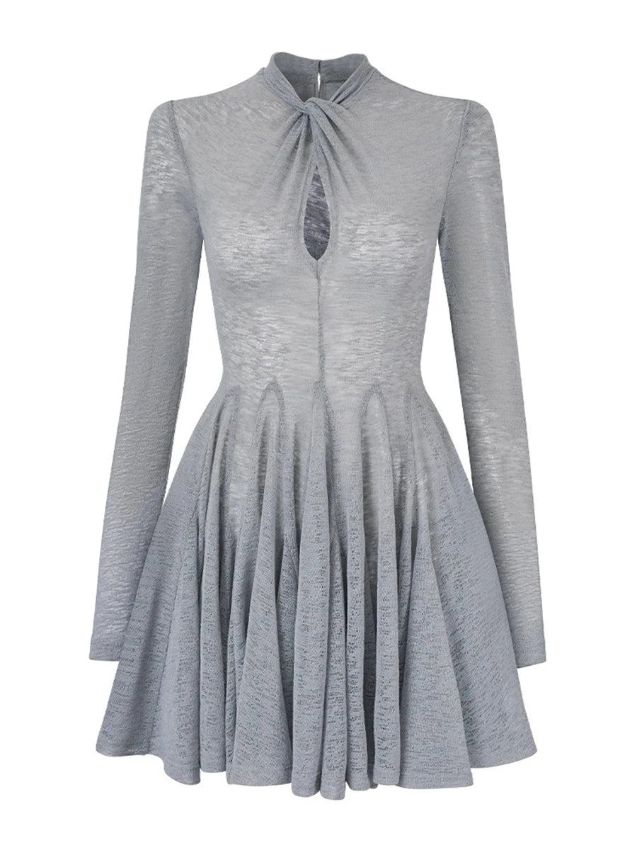 Slimming Spliced Folds Minimalist Dresses for Women Round Neck Long Sleeves Temperament Dress Female Clothing New