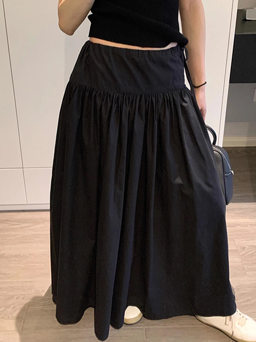Solid Loose Spliced Folds Casual Skirts for Women High Waist Patchwork Lace Up Minimalist Skirt Female Clothing New