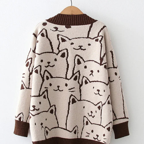 Load image into Gallery viewer, Cartoon Cat knitted cardigans Jumper Autumn Winter Womens Harajuku Sweater coat O-Neck Long Sleeve cardigan
