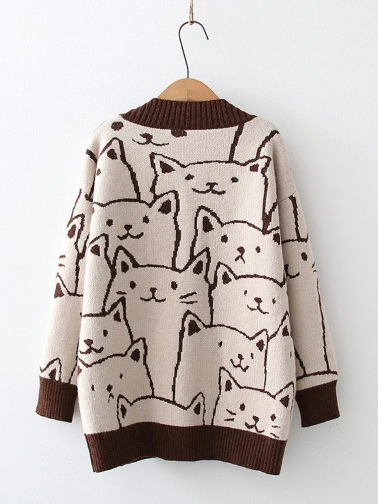 Cartoon Cat knitted cardigans Jumper Autumn Winter Womens Harajuku Sweater coat O-Neck Long Sleeve cardigan