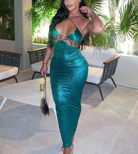 Spaghetti Strap Backless Bodycon Maxi Dress For Women Robe Off-shoulder Hollow Out Strapless Club Party Sexy Dress