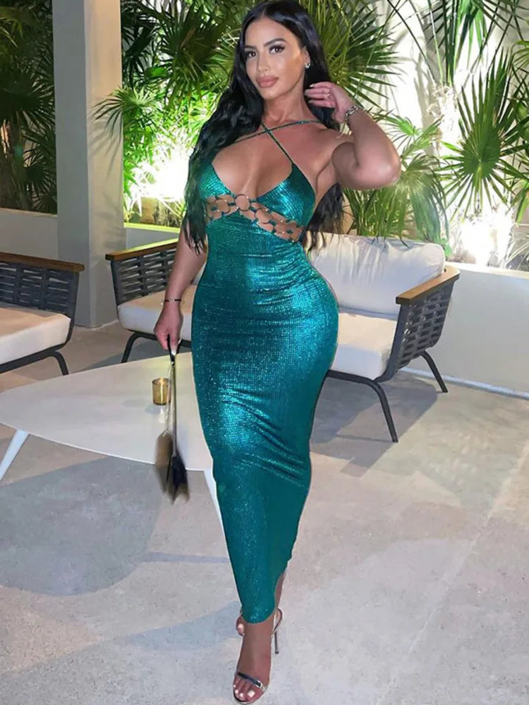 Spaghetti Strap Backless Bodycon Maxi Dress For Women Robe Off-shoulder Hollow Out Strapless Club Party Sexy Dress