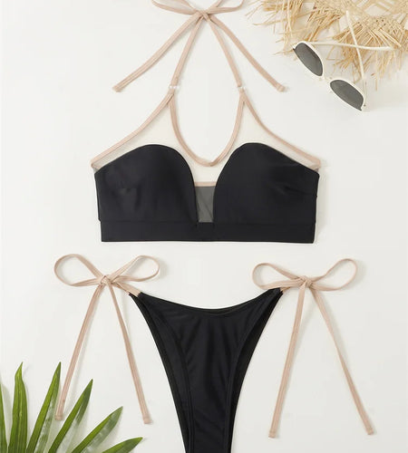 Sexy Halter Mesh Patchwork Bikini 2024 Female Brazilian Bikini Set Bandage Swimwear Thong Bathing Suit For Women