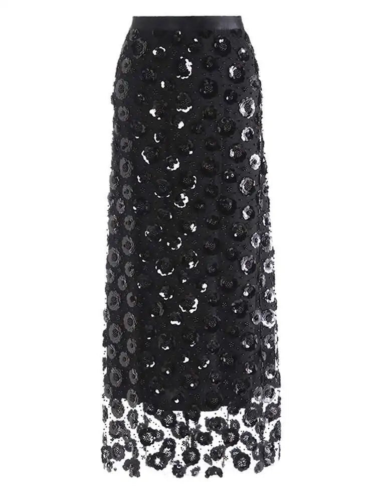 High Elastic Waist Black Nailed Sequins Mesh Elegant  Half-body Skirt Women Fashion Tide New Spring Autumn 2025 1DH9911