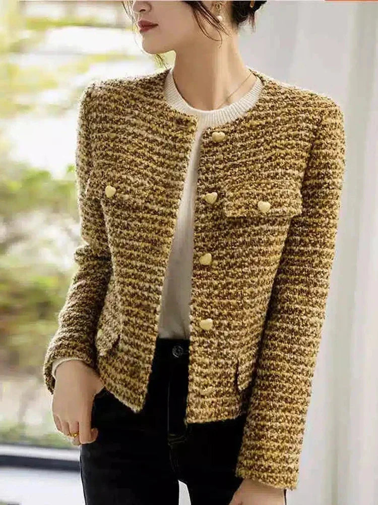 Elegant Retro Women's Gold Short Woolen Coat Autumn Winter Korean Fashion Tweed Coat Perfect Female OL Outwear Wool Jacket