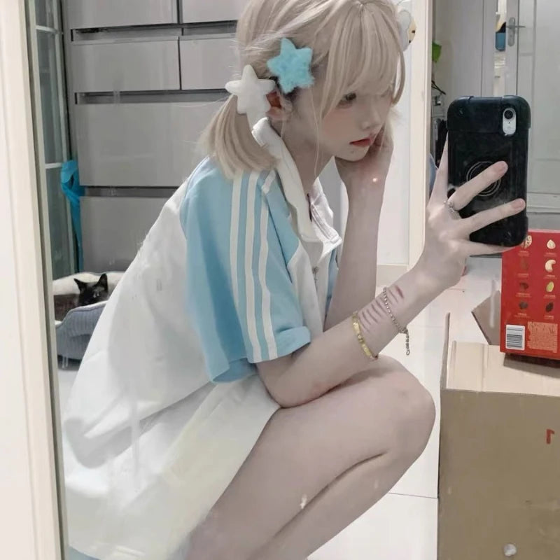 Japanese Preppy Style Cartoon Print T-shirt Summer Contrast Color Patchwork Grunge Tops Harajuku Stand Neck Zipper Loose Tshirts